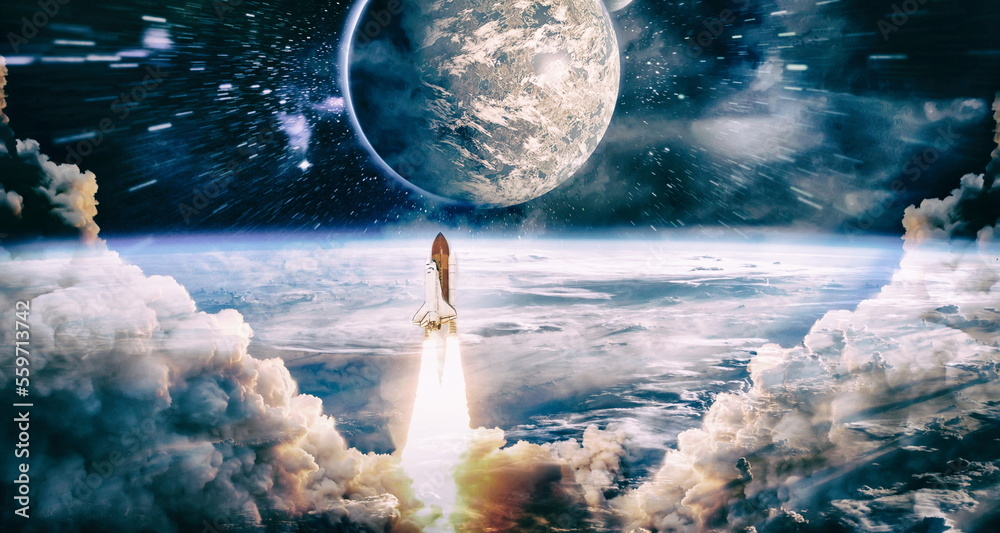 Wall mural rockets launch into space on the starry sky. spacecraft flies into space with clouds of smoke. eleme