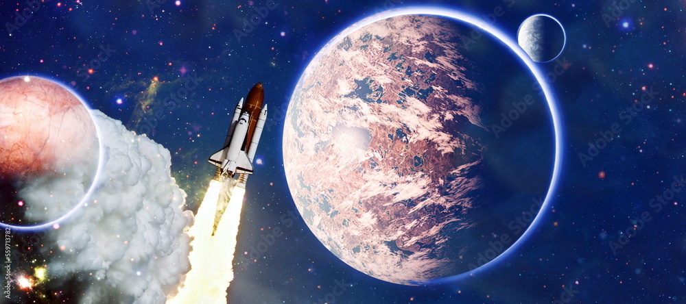 Wall mural rockets launch into space on the starry sky. spacecraft flies into space with clouds of smoke. eleme