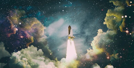 Shuttle launch in the clouds to outer space. Dark space with stars on background.Spaceship flight. Elements of this image furnished by NASA