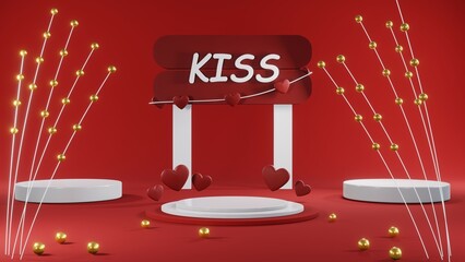 3D rendering of backdrop for displaying products for Valentine's Day red scene podium