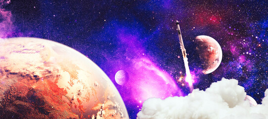 Shuttle launch in the clouds to outer space. Dark space with stars on background.Spaceship flight....