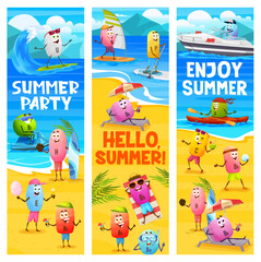 Fototapeta premium Summer party, cheerful cartoon vitamin characters on beach vacation. Vector banners with nutrient capsules fun on seaside. B, H, E, U, B6 and N, P and B12, C, B9 and A drug pills on ocean
