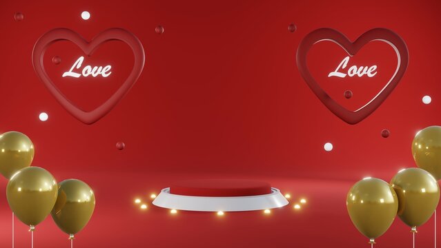 3D rendering of backdrop for displaying products for Valentine's Day red scene podium