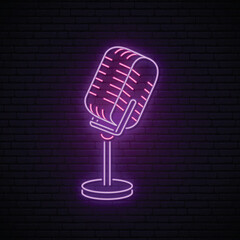 Neon Microphone sign. Glowing microphone icon for podcast, stand up or music show emblem. Retro mic in neon style. Vector illustration.