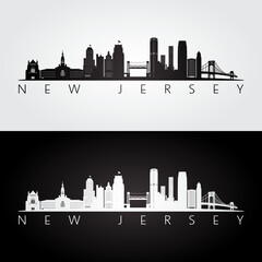 Obraz premium New Jersey state skyline and landmarks silhouette, black and white design. Vector illustration.