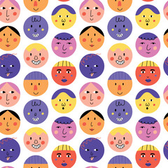 Abstract faces seamless pattern. Funny cartoon characters, doodle trendy avatars, smile people, contemporary geometric print. Decor textile, wrapping paper, wallpaper. Vector background