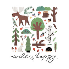 Forest childish poster. Woodland kids card. Wild and happy hand drawn lettering. Clothes baby print. Coniferous trees, doodle hare and elk. Vector cartoon isolated illustration