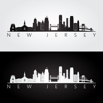 New Jersey state skyline and landmarks silhouette, black and white design. Vector illustration.