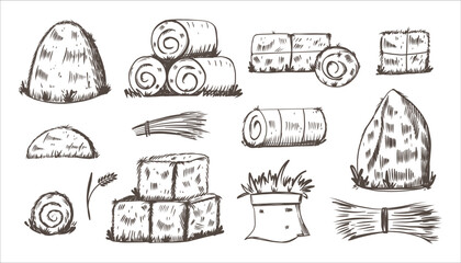 Hay bales sketch style. Hand drawn piles, heaps and stacks, straw in rolls and squares, dry grass, farm fodder. Village and countryside elements. Haystack vector isolated illustration © Mariya