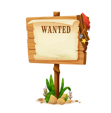 Cartoon wild west wanted board, wooden sign. Isolated vector western game banner with blank parchment, gun, sheriff star badge, bandana and bandolier. Vintage announcement signboard for bandit search