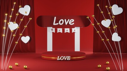 3D rendering of backdrop for displaying products for Valentine's Day red scene podium