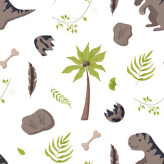Dinosaur seamless pattern footprint tracks. Minimal color background with paw, stones, rainbow. Dinosaur footprint seamless pattern perfect for textile, wrap and wallpaper and design.