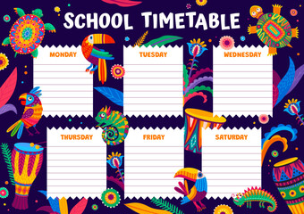 School timetable schedule with brazilian drums and mexican animals. Kids education lesson weekly planner or daily timetable schedule vector template with ornate parrots and funny cartoon toucan birds © Vector Tradition