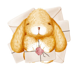 Cute Valentines Day plush fluffy baby bunny or rabbit in full growth surrounded by love letters. Cartoon child character. Digital illustration in the watercolor style. Greeting card.