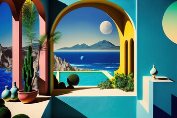 Obraz na płótnie Canvas Ocean blue Mediterranean villa opulence overlooking the summer day beach with magnificent architecture collage of pillars and arches - generative AI illustration. 