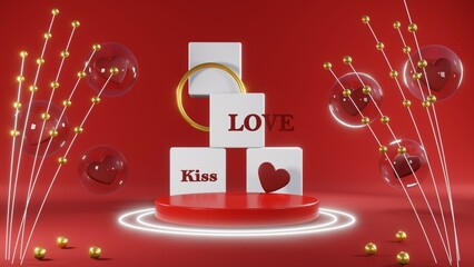 3D rendering of backdrop for displaying products for Valentine's Day red scene podium