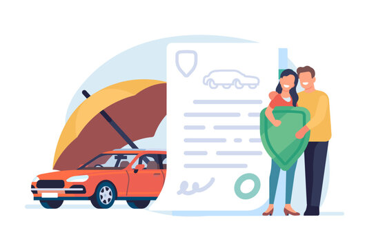 Car insurance. Automobile under umbrella. Happy couple with shield and insure contract document. Property safety. Transport protection service. Vehicle protect coverage. Vector concept