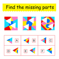 Mind game. Task for the development of logic for children. Find the missing pieces. Vector illustration