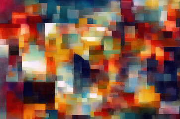 Watercolor background with many colorful squares objects . Generative AI