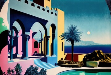 Ocean blue Mediterranean villa opulence overlooking the summer day beach with magnificent architecture collage of pillars and arches - generative AI illustration. 