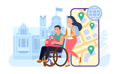 Disabled man and woman travel world. Phone application. Couple with disabilities. Male in wheelchair and female looking at sightseeing. Mobile map with landmark locations. Vector concept