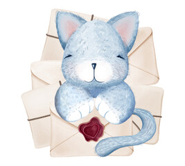 Cute Valentines Day plush fluffy baby cat or kitty in full growth surrounded by love letters. Cartoon child character. Digital illustration in the watercolor style. Greeting card.