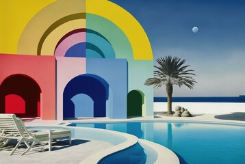 Obraz na płótnie Canvas Ocean blue Mediterranean villa opulence overlooking the summer day beach with magnificent architecture collage of pillars and arches - generative AI illustration. 