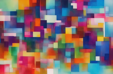 Watercolor background with many colorful squares objects . Generative AI