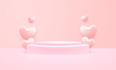 Love Happy Valentine's day background illustration. Beautiful pink background with realistic stage Podium and many heart