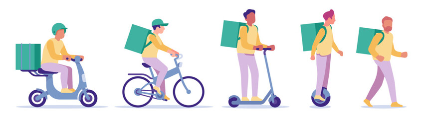 Express delivery courier service. Meal shipping. Male driving moped or scooter. Man delivering orders on foot or by bike. Deliveryman with backpack riding monowheel. Vector delivers set © VectorBum