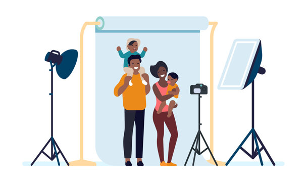 Happy African American people doing photo shoot against gray background. Family portrait. Photography studio. Camera and spotlight tripods. Couple posing with babies. Vector concept