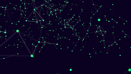 Motion design of the connection between particles. Green circles on a dark background of 4k motion graphics. A white web connecting green dust. Green plexus