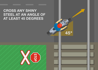 Safe motorcycle riding rules and tips. Cross any shiny steel at an angle of at least 45 degrees. Close-up view of a motorbike on level crossing at angle. Flat vector illustration template.