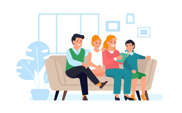 Mother Reading Book To Her Children. Family Relationship And Leisure. People Sitting On Sofa. Literature For Kids. Mom And Dad With Teenagers Relax At Home. Vector Parenthood Concept