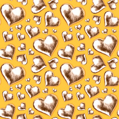 Seamless pattern made of glittering golden hearts on a yellow background. Festive layout.