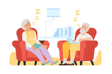 Old people sleeping in armchair. Grandparents relax and dream on sofa. Persons read books. Pensioners leisure. House relaxation. Sneezing seniors. Retired family asleep. Vector concept