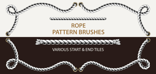 Set of 2 vector rope pattern brushes. 2 different styles of ends. Thin rope. Monochorome illustration. Vintage detailed style. - obrazy, fototapety, plakaty