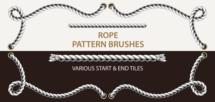 Set of 2 vector rope pattern brushes. 2 different styles of ends. Thin rope. Monochorome illustration. Vintage detailed style.