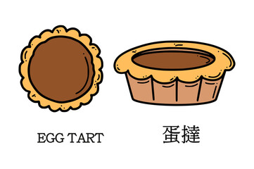 Translation from Chinese egg tart vector illustration. Chinese New year dessert in doodle style.