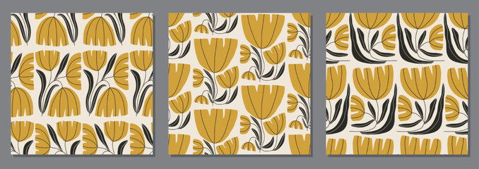 Trendy set of vintage minimalist seamless botanical pattern background