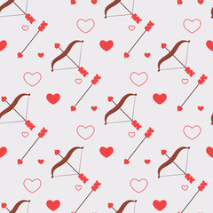 Romantic seamless pattern with Bow and arrow and hearts. Valentines Day symbol. Vector illustration in a cute flat style