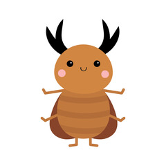 Beetle bug icon. Insect animal. Funny horns. Cute cartoon kawaii smiling baby character. Brown color. Opened wings. Education cards for kids. Isolated. White background. Flat design.