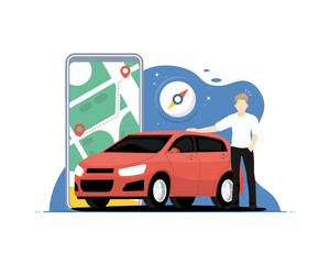 Driving navigation applications concept, Human standing with personal car, Digital marketing illustration.