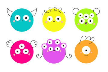 Obraz premium Happy Halloween. Monster face set. Cute cartoon kawaii scary funny character. Round head. Colorful silhouette. Contour line doodle. Baby collection. T-shirt design. Flat design. White background.