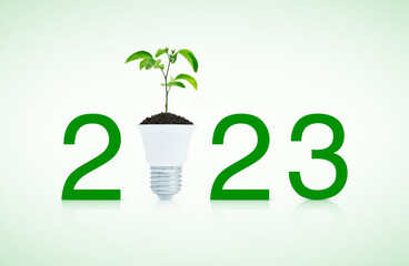 2023 text and fresh green tree leaves on soil with led light bulb on white background, Happy new year 2023 ecology and saving energy concept