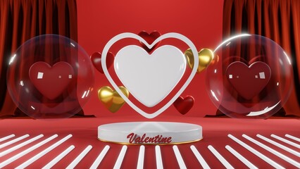 3D rendering of backdrop for displaying products for Valentine's Day red scene podium