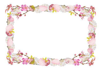 Watercolor hand drawn traditional Japanese sweets. Square frame of spring wagashi with sakura. Isolated on white background. Design for invitations, restaurant menu, greeting cards, print, textile