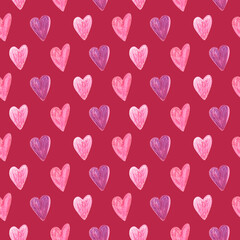 Hand drawn pink hearts seamless pattern on Viva Magenta background. For fabric, sketchbook, wallpaper, wrapping paper.
