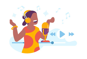 Young African American woman wearing headphones sings in recording studio. Headset and microphone. Audio player. Music broadcasting. Multimedia equipment. Online streaming. Vector concept