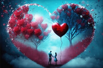 Silhouettes of a couple in a dreamy landscape with trees and red hearts , Valentine's day AI Generative illustration.
